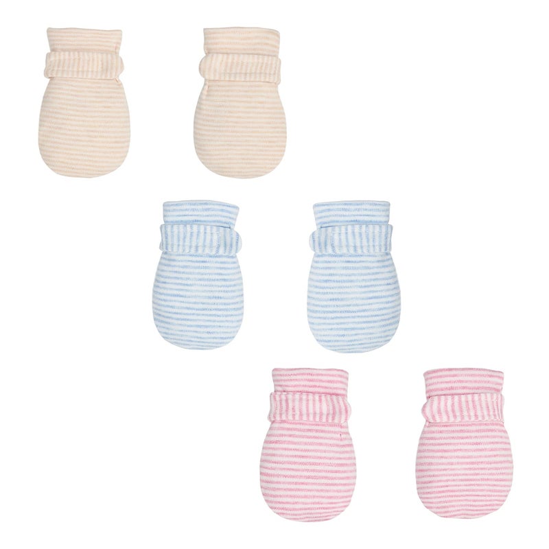 Reyow Newborn Baby No Scratch Mittens Stay On, 100% Cotton Breathable, Adjustable Infant Gloves for Baby Boys Girls Mittens (Khaki/Blue/Pink Stripe, 3-12 Months) - Image 1